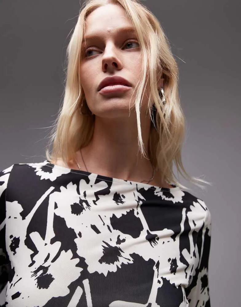 Topshop Topshop microfibre abstract all over floral long sleeve top in mono 2