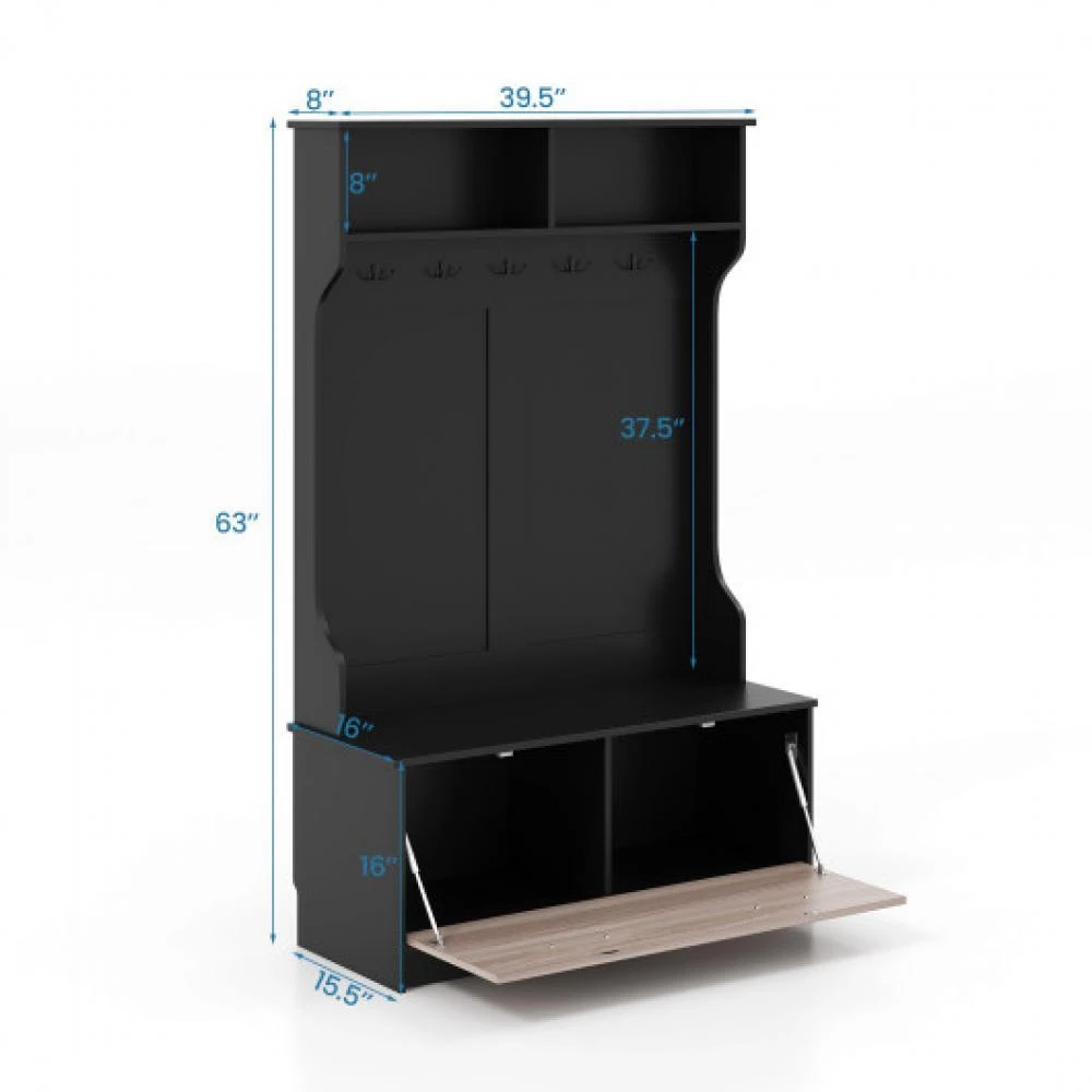 Hivvago 3 in 1 Coat Rack with Entryway Bench and Hooks and Enclosed Cabinet-Black 5