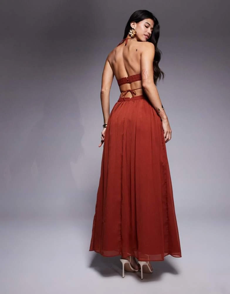 ASOS ASOS DESIGN crochet and faux suede bust tiered maxi dress with cut out in rust 3