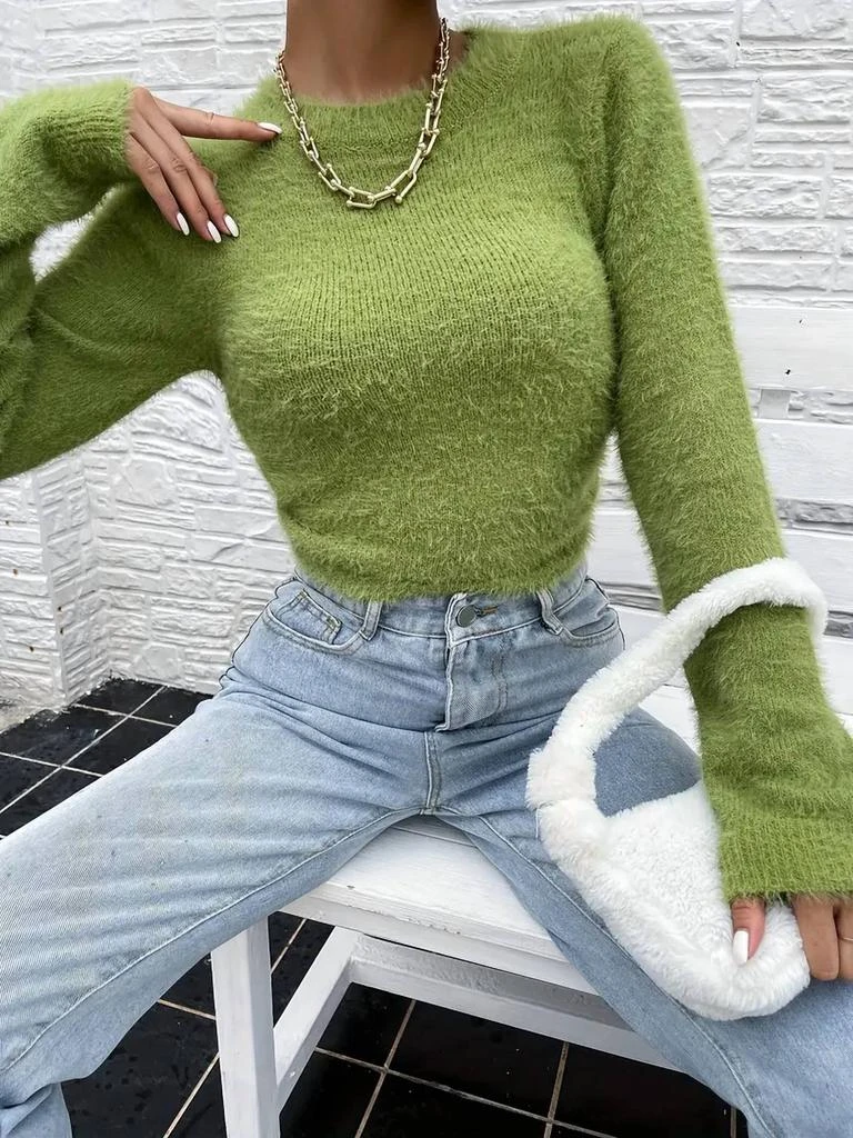 Miss Sparkling Fuzzy Open Back Sweater In Green 3