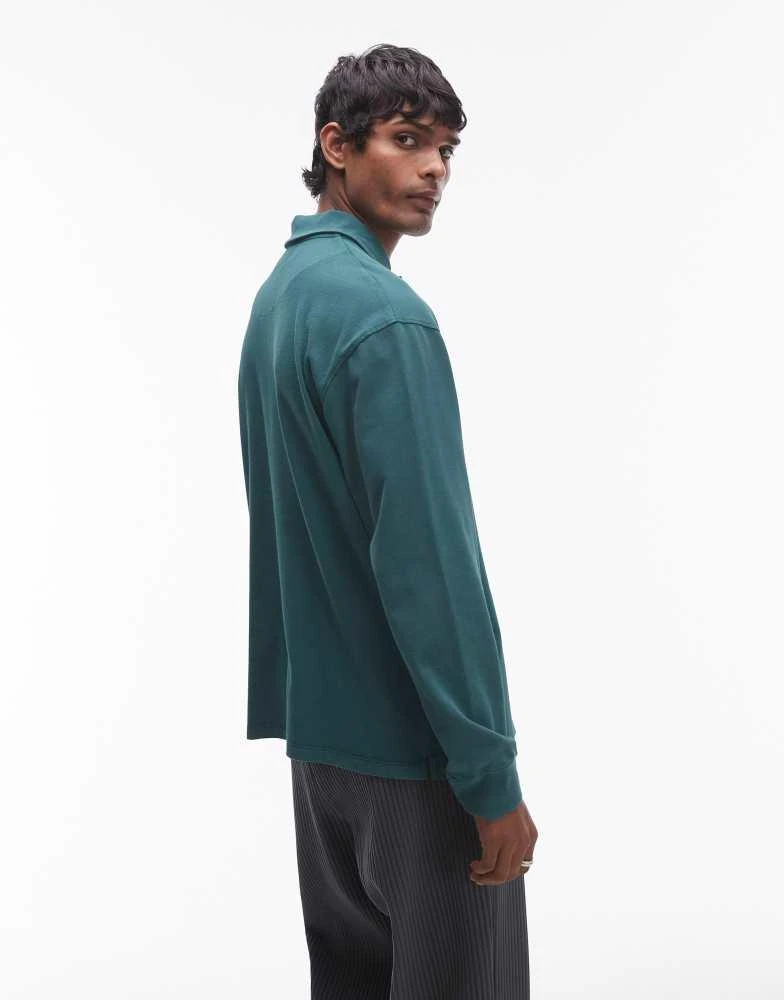 Topman Topman long sleeve polo in washed green 4