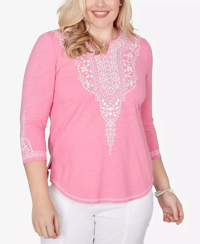 Alfred Dunner Petite The Royal Treatment Embroidered Split Neck Three Quarter Sleeve Top