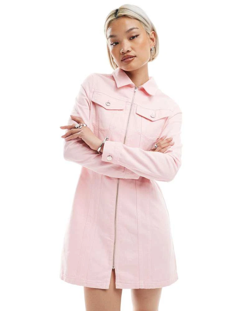 Miss Selfridge Miss Selfridge zip up denim mini dress in light pink 2