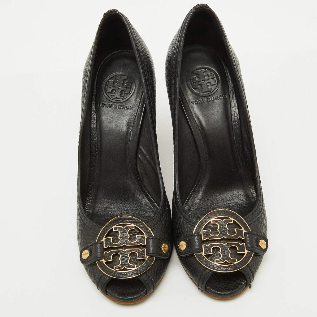 Tory Burch Tory Burch Black Leather Logo Peep Toe Wedge Pumps Size 38 3