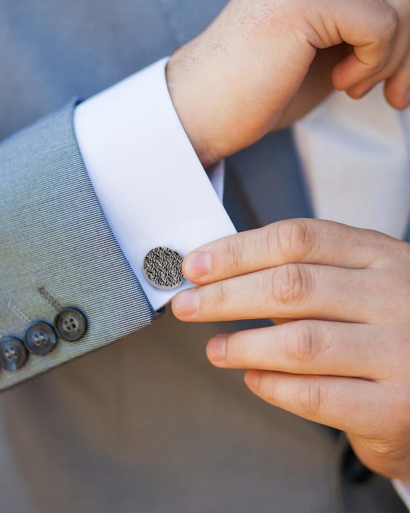 LINK UP Men's Round Shiny Gunmetal Chain Link Cufflinks