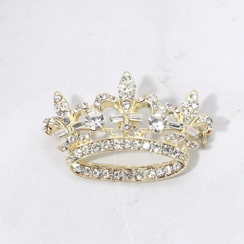 FASHNZFAB Rhinestone Paved Fleur de Lis Crown Pin Brooch