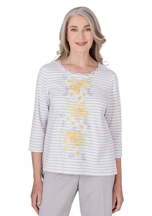 Alfred Dunner Dunner Womens Charleston Center Embroidery Stripe Top 1