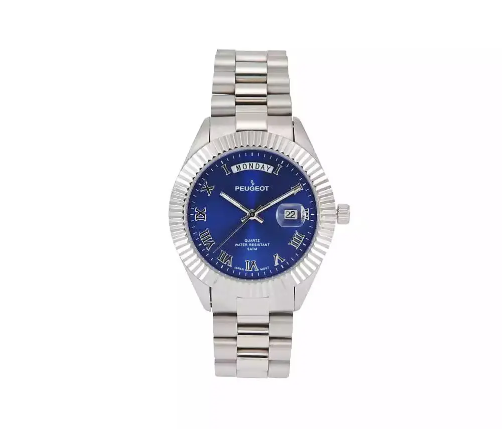 Peugeot Men's 40mm Blue Face Fluted Bezel Steel Bracelet Watch