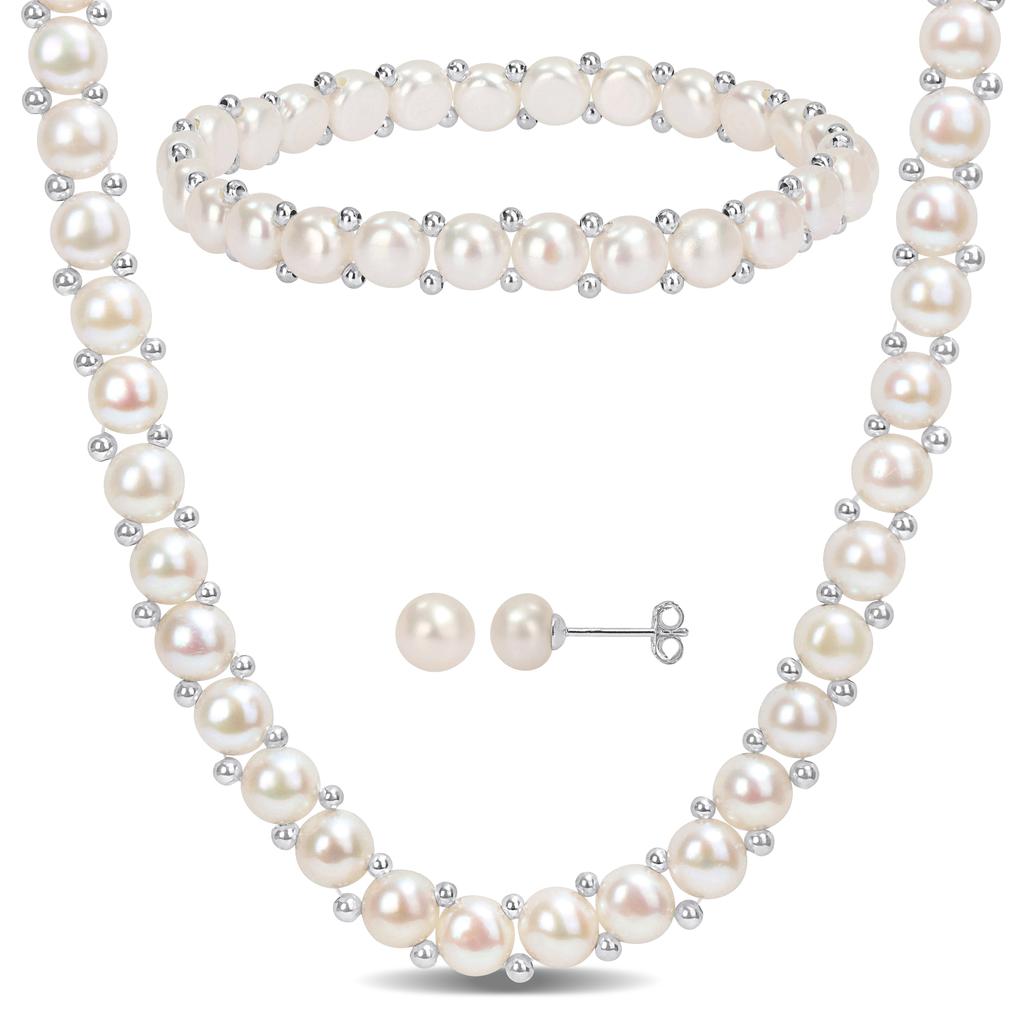 Mimi & Max Mimi & Max 6-8mm Cultured Freshwater Button Pearl Strand Necklace, Bracelet and Stud Earrings 3-Piece Set with Sterling Silver Clasps