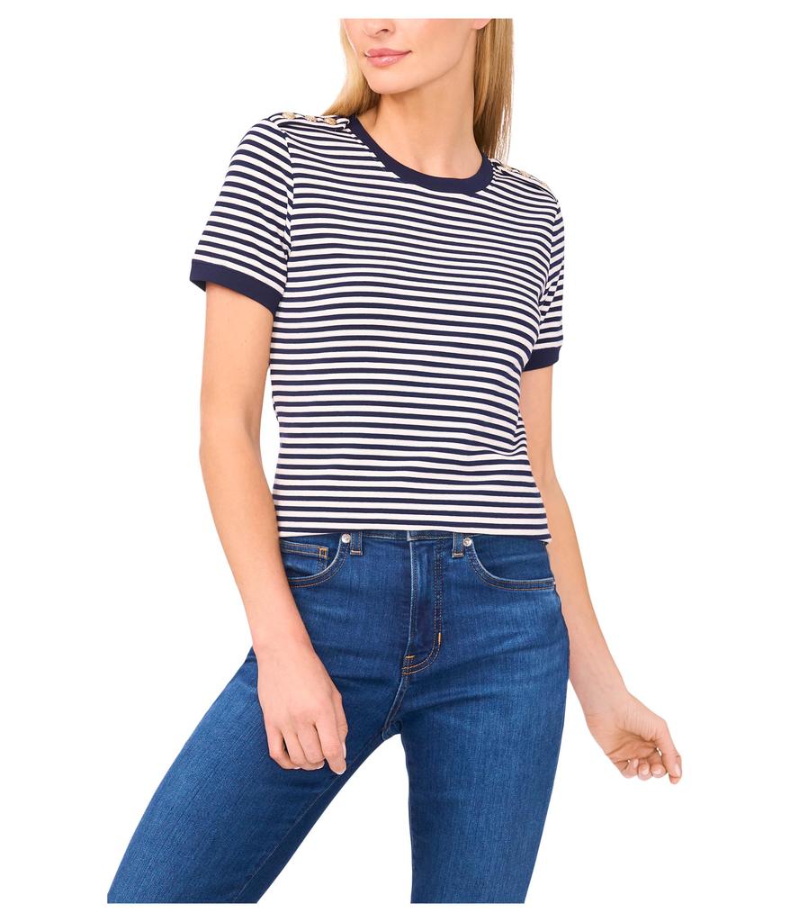 CeCe Striped Baby Tee With Crest Button Detail