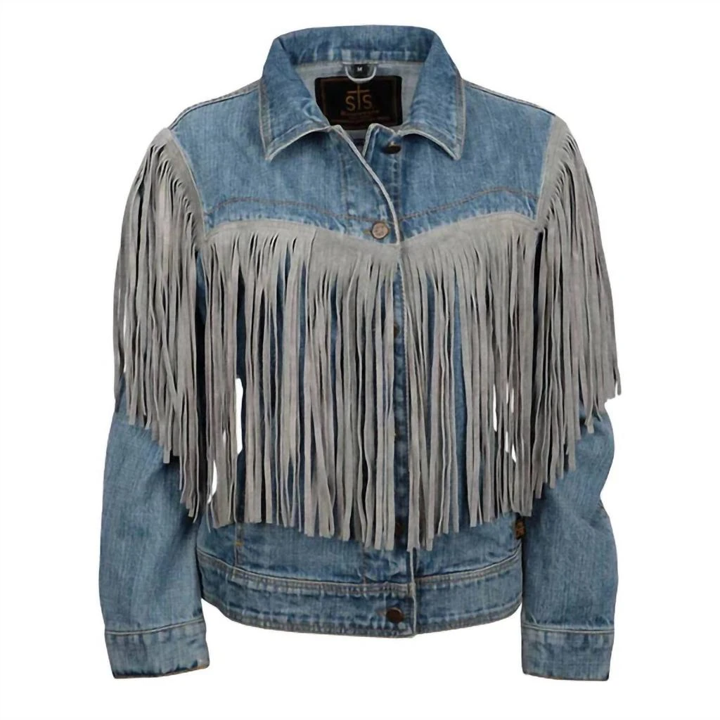 STS Ranchwear Women's Gretchen Denim Fringe Jacket In Medium Wash Denim 1