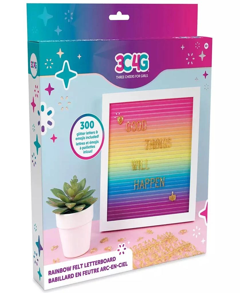 Three Cheers For Girls 3C4G Rainbow Felt Letterboard - 10' X 10" Changeable Message Board, With Hanging Hook Stand, Make It Real, Tweens Girls, 300 Gold-Tone Glittery Letters Emojis, Room Decor 1