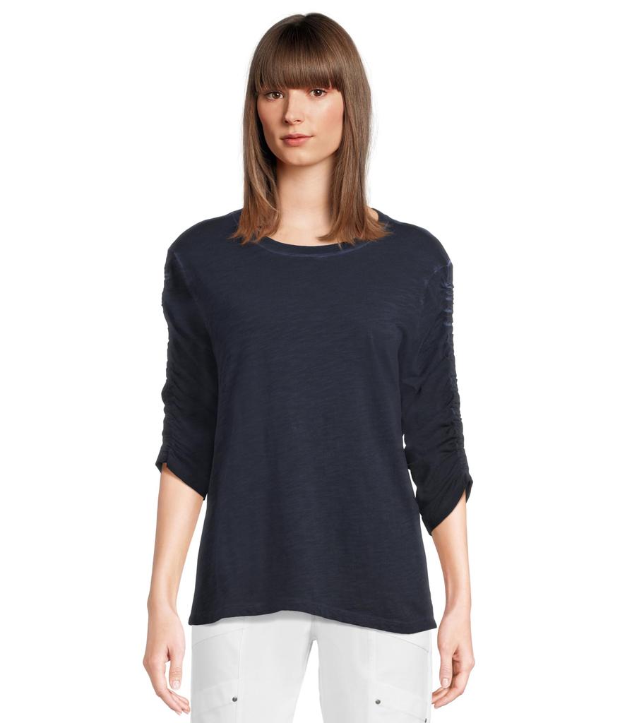 Elliott Lauren Enzyme Wash Jersey - Crew Neck Ruched Sleeve Tee