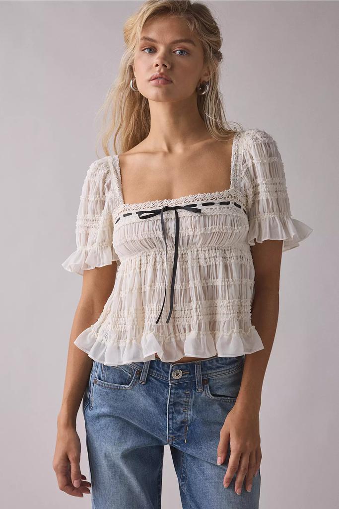 chapi　all lace frill blouse ice blue Laney Cutout Back Ruffle Trim Dress Hail Spot Texture Baby Blue