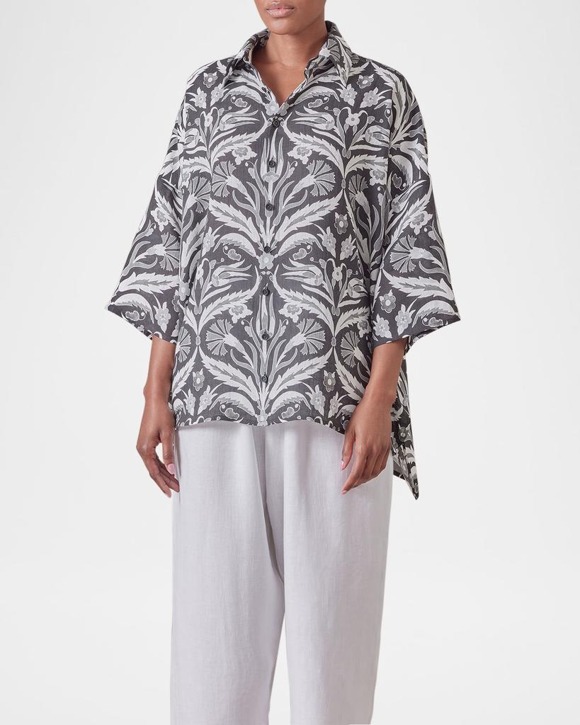 Eskandar Sloped-Shoulder Wide A-Line Short-Sleeve Shirt With Collar (Mid Plus Length)
