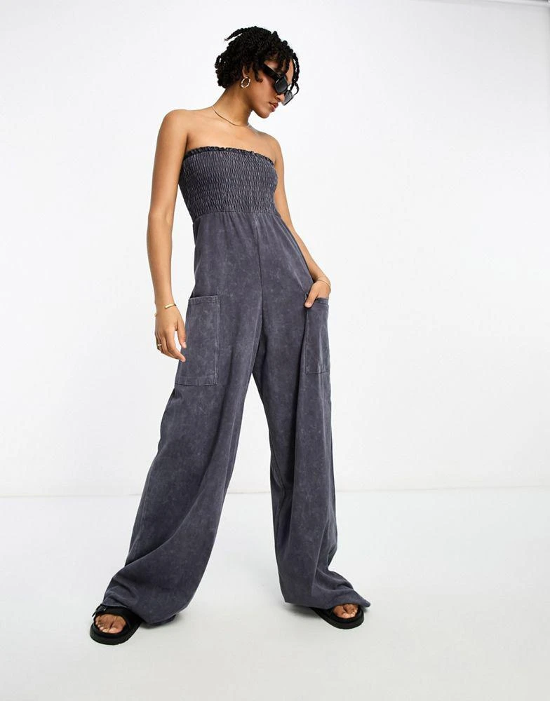 ASOS ASOS DESIGN Tall jersey shirred bandeau jumpsuit in washed black 4