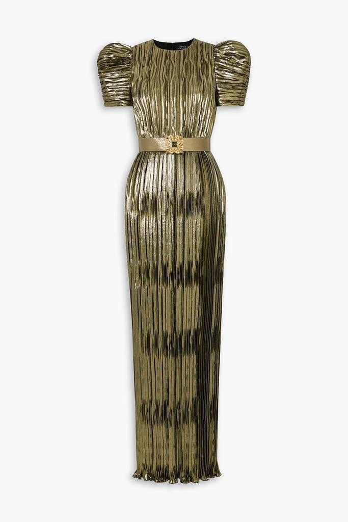 Andrew Gn Belted metallic plissé-lamé gown 1