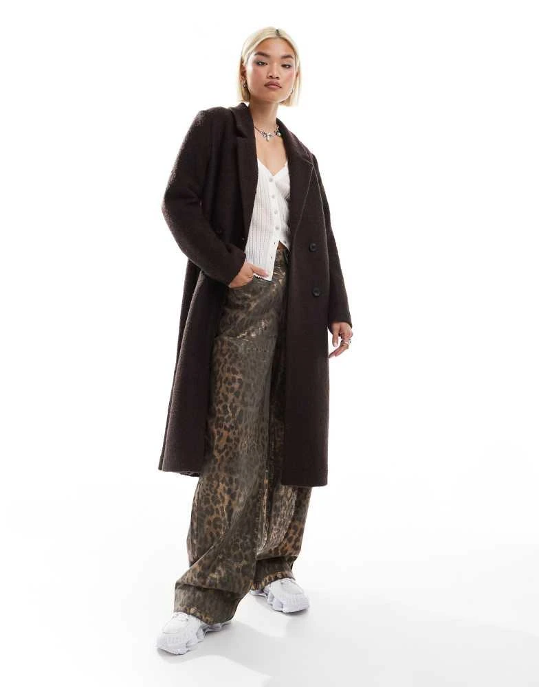 Monki Monki tailored double breasted longline coat in brown 3