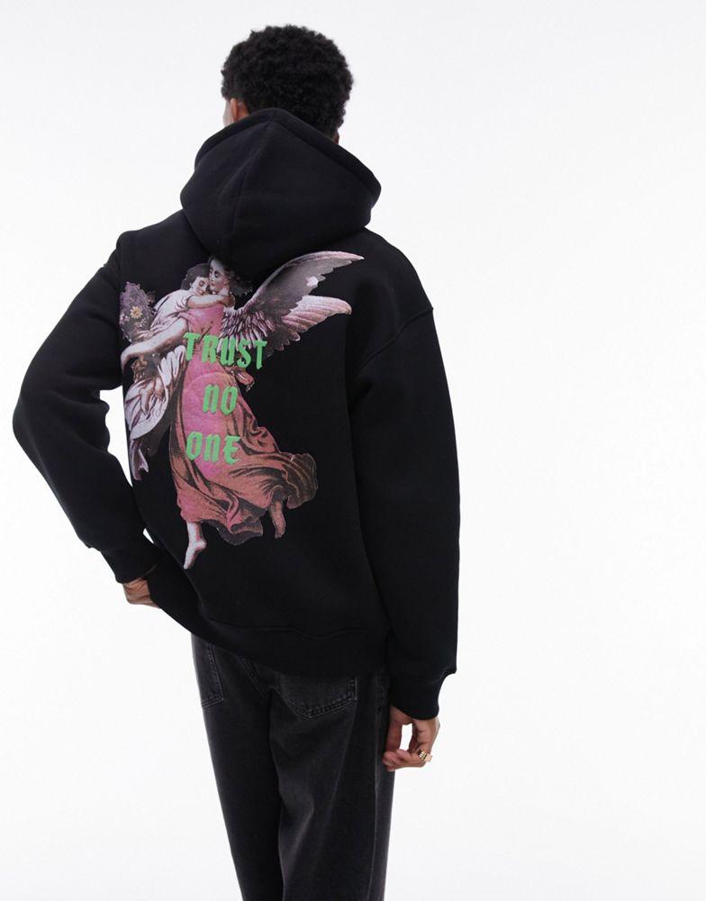 Topman Topman oversized fit hoodie with front and back angel print in black