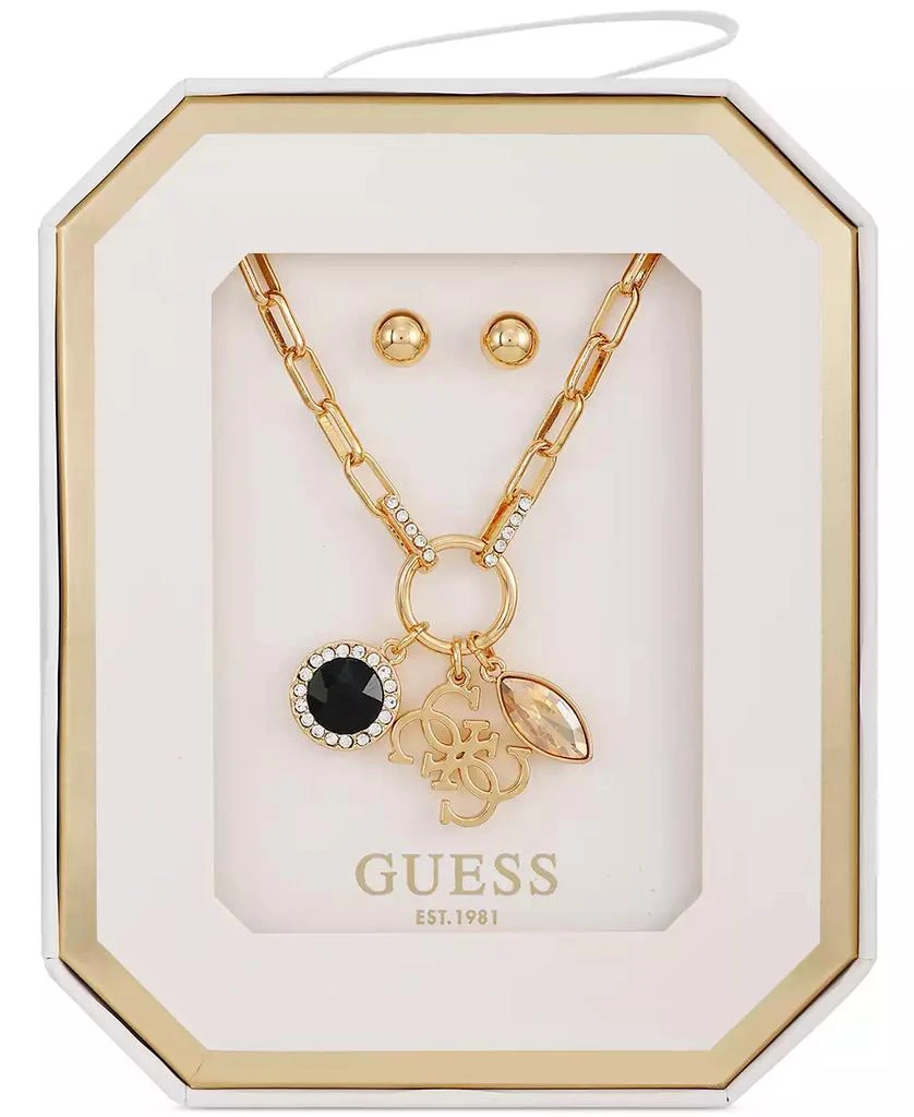 GUESS Gold-Tone Chain Necklace with Multi Accent Charms and Stud Earring Jewelry Set 3
