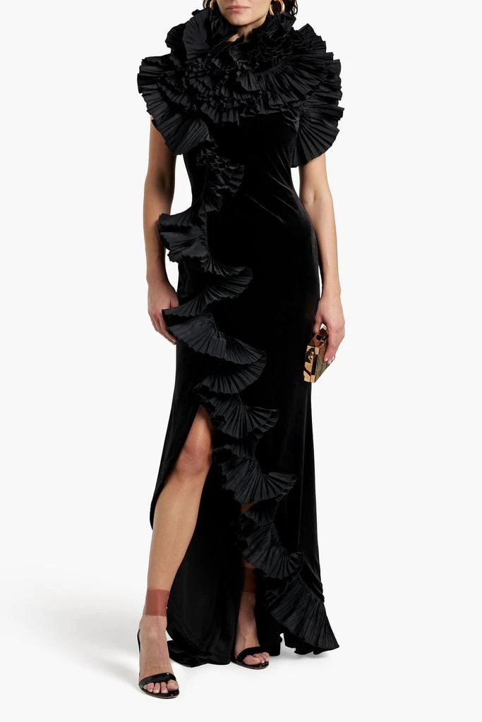 Badgley Mischka Taffeta-trimmed ruffled velvet gown 2