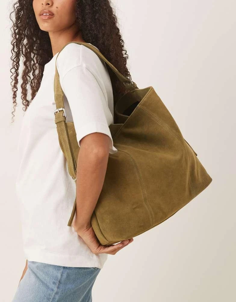 ASOS ASOS DESIGN suede tote bag with buckle in khaki green