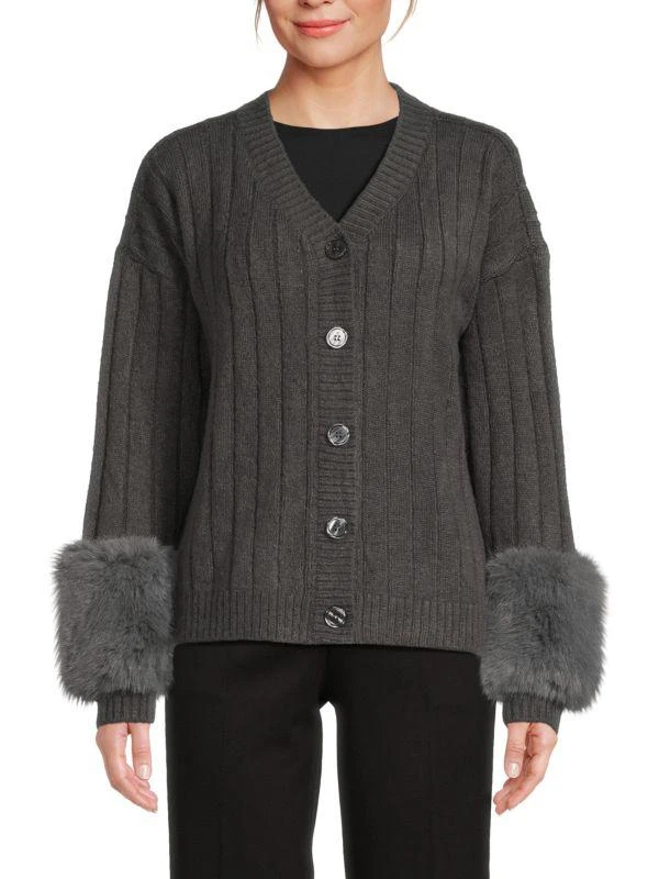 Saks Fifth Avenue Faux Fur Cuff Rib Knit Cardigan 1