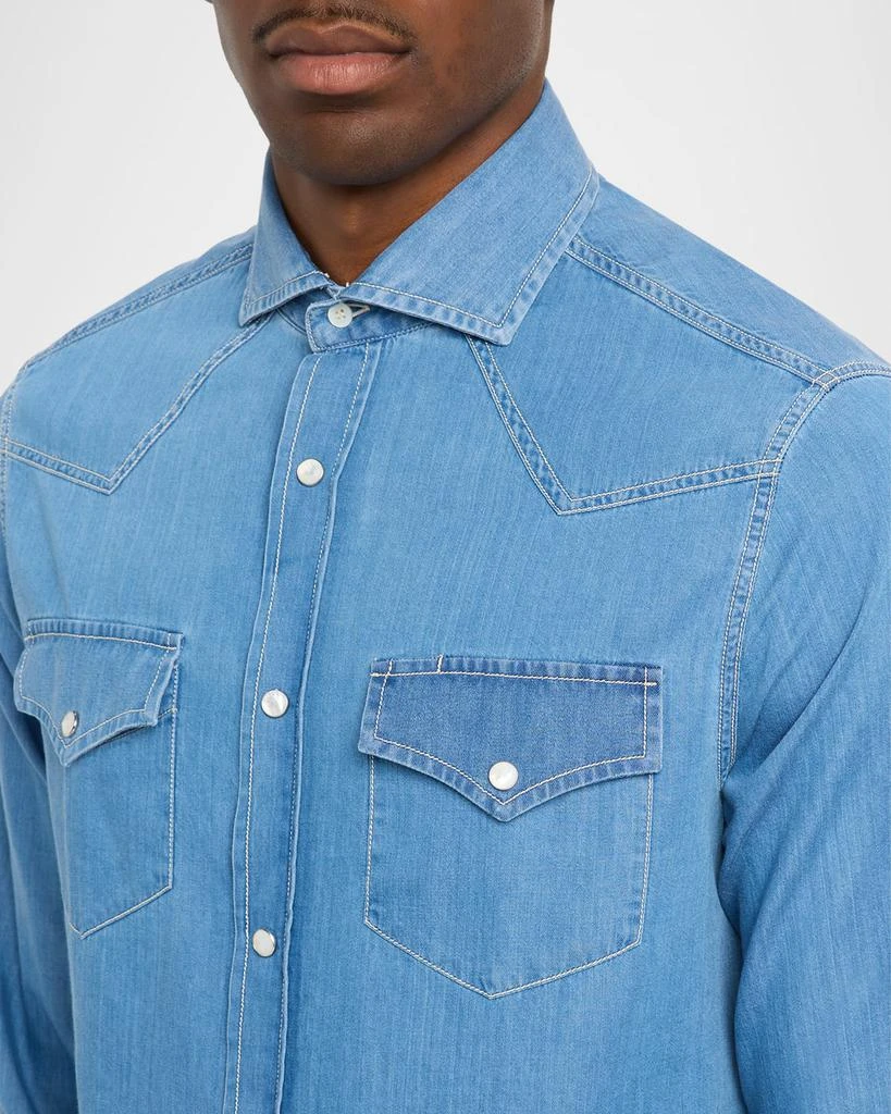 Brunello Cucinelli Men
s Lightweight Denim Easy-Fit Western Shirt 5