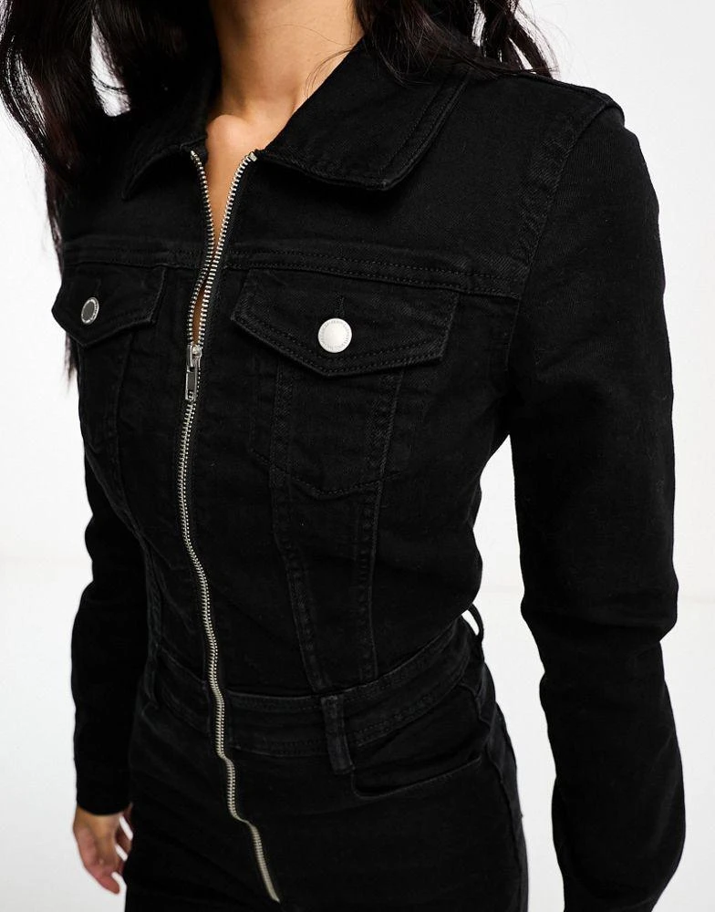 Pull&Bear Pull&Bear denim long sleeve jumpsuit in black 3