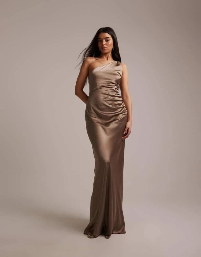 Six Stories Six Stories Bridesmaids satin one shoulder gathered detail maxi  dress in mocha - Dresses & Skirts - Free Shipping - BeyondStyle