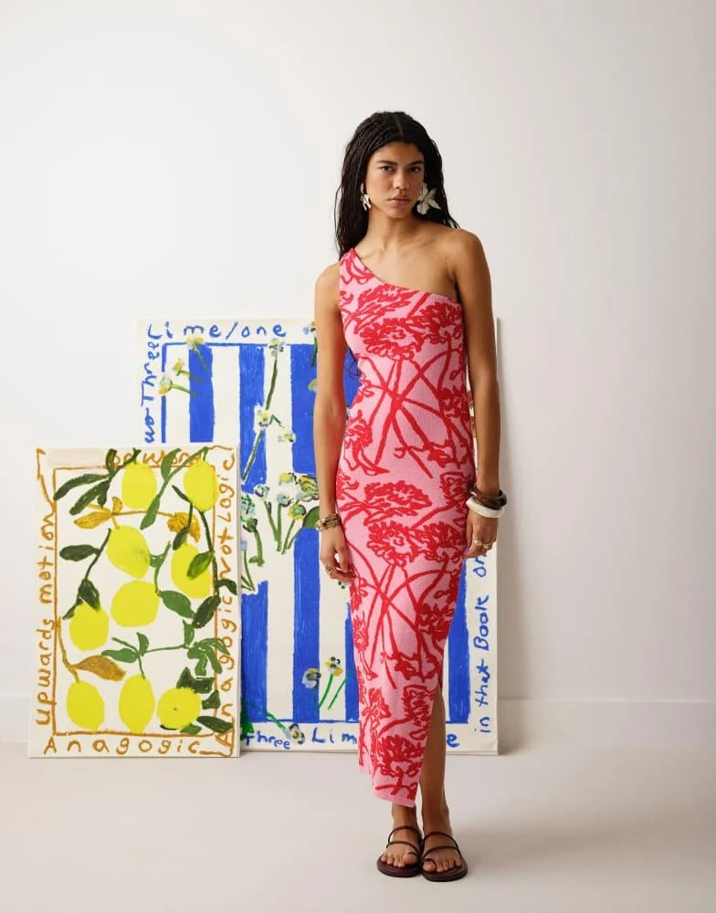 topshop pink one shoulder dress Topshop one shoulder linen midi dress in pink