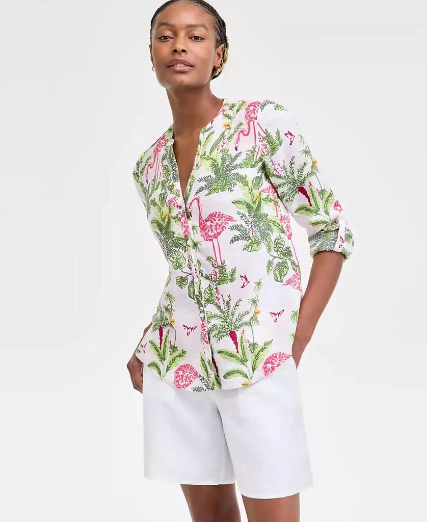 Charter Club Women's 100% Linen Palm Print Roll-Tab Shirt, Exclusively at Macy's 1