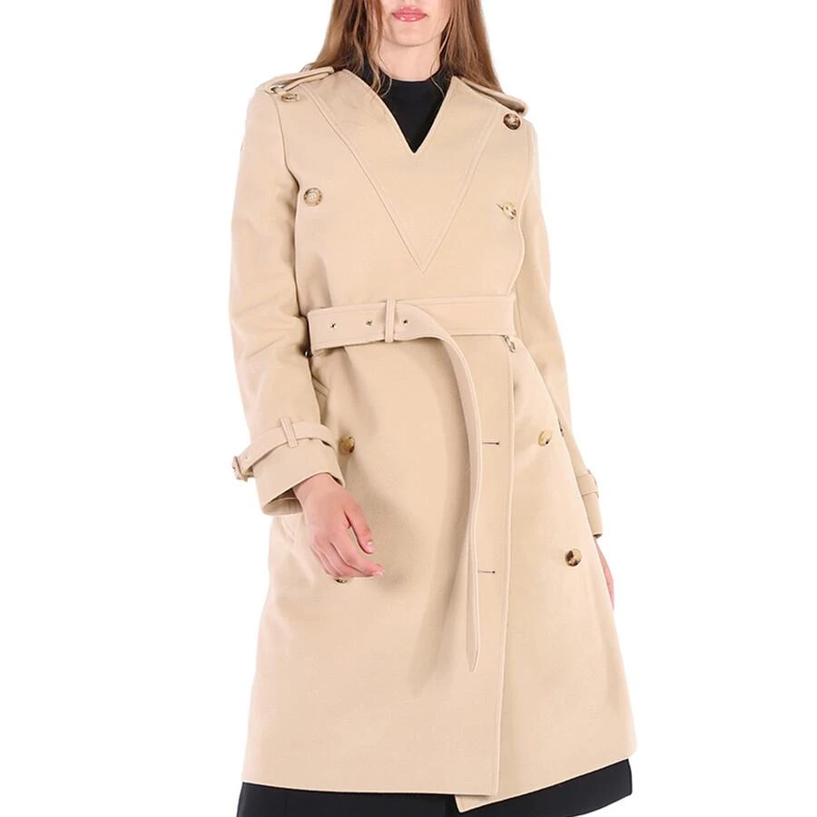 Burberry Ladies Soft Fawn Wool Cashmere V-Neck Double-Breasted Trench Coat 1