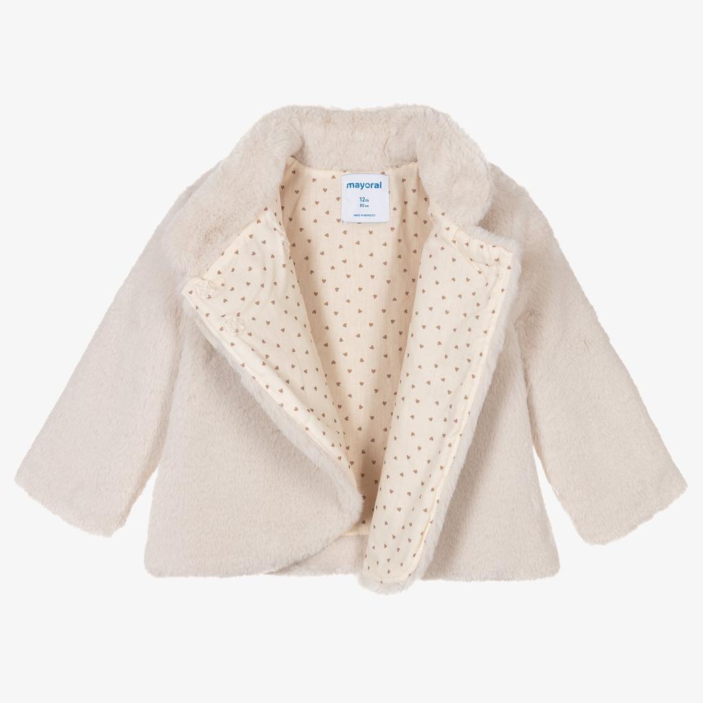 MAYORAL Off White Bow Faux Fur Coat