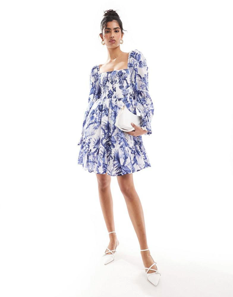 & Other Stories & Other Stories square neck ruche bodice mini dress with volume sleeve and tiered hem in blue floral print 4
