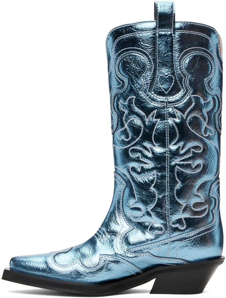 Ganni Blue Metallic Mid Shaft Embroidered Western Boots 3