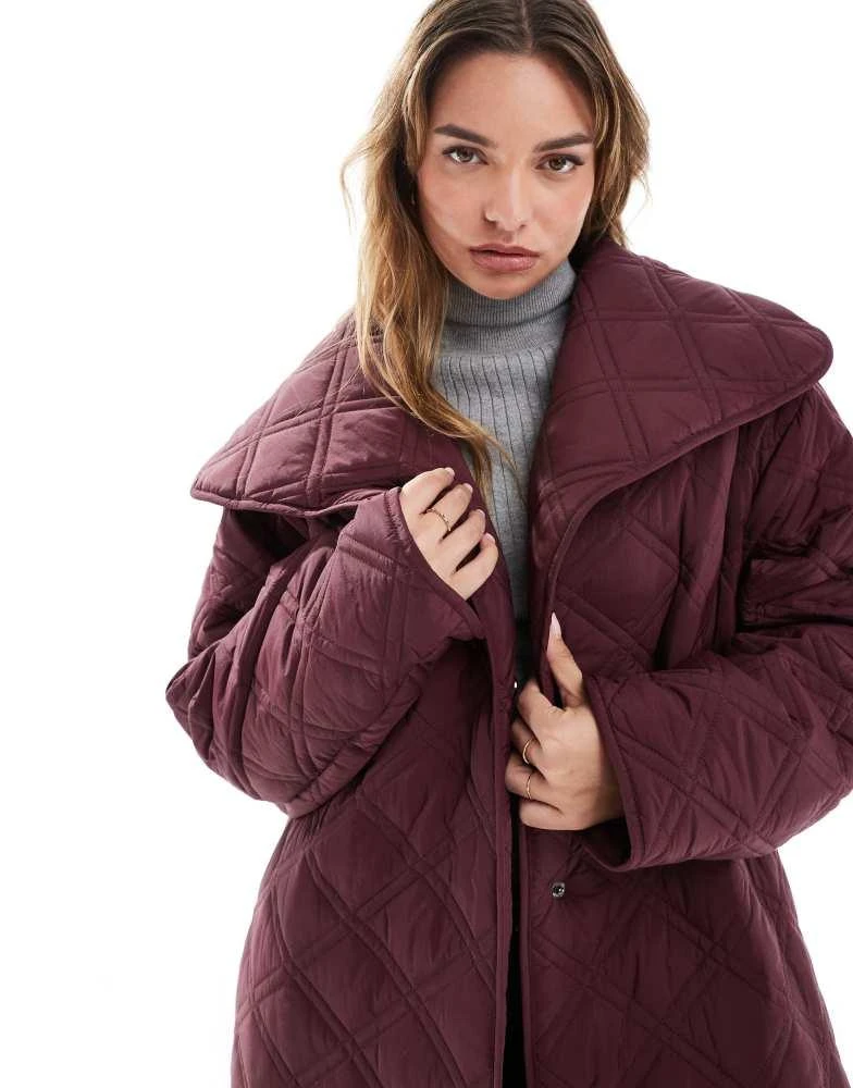 ASOS DESIGN ASOS DESIGN waterfall collar quilt longline coat in burgundy 4