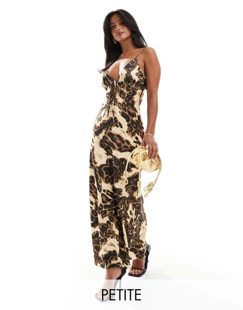 Miss Selfridge Miss Selfridge Petite satin tie front maxi slip dress in animal print 1