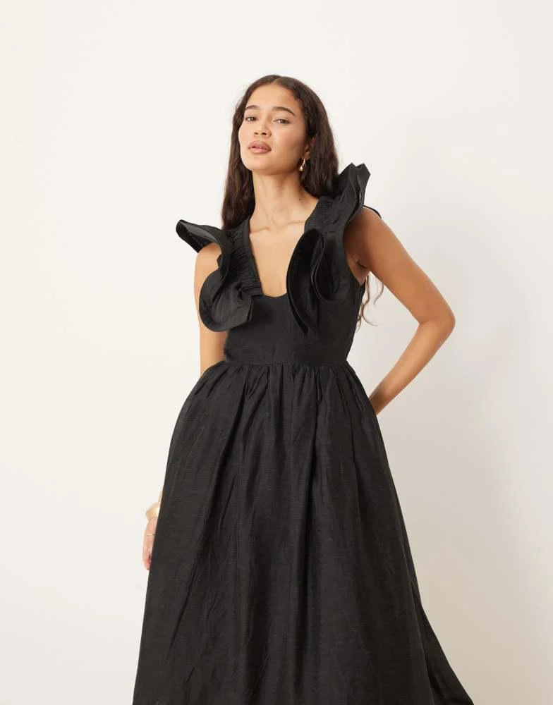 Shop True Decadence Ruffle neck midi dress in black on Sale at