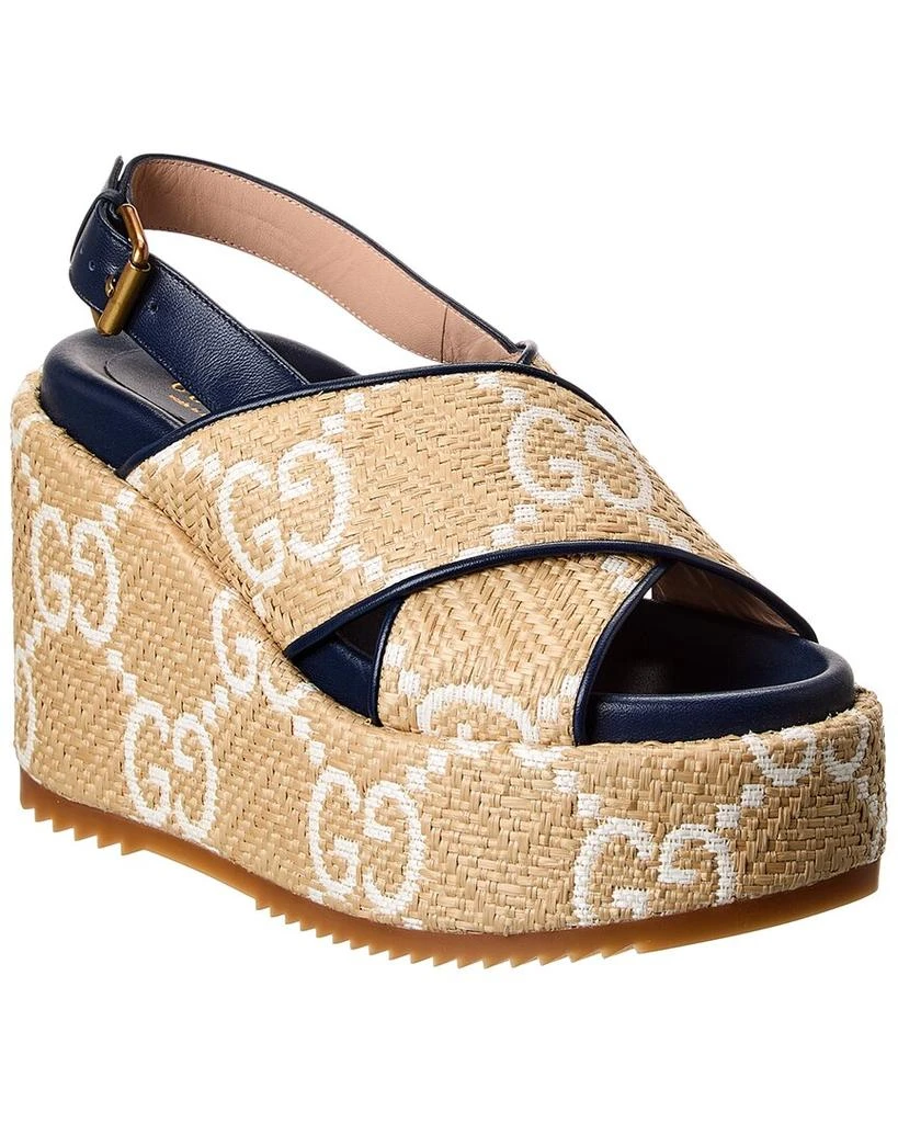 Gucci Straw & Leather Platform Wedge Sandal 1