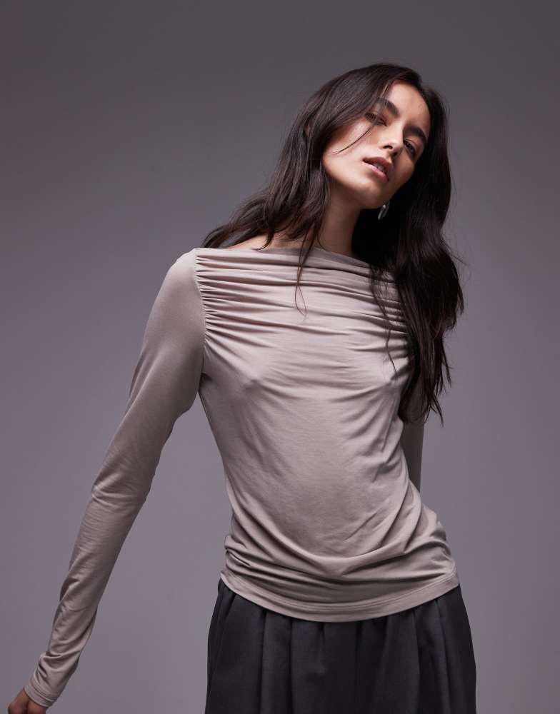 & Other Stories & Other Stories ruche boat neck top with long sleeves in beige