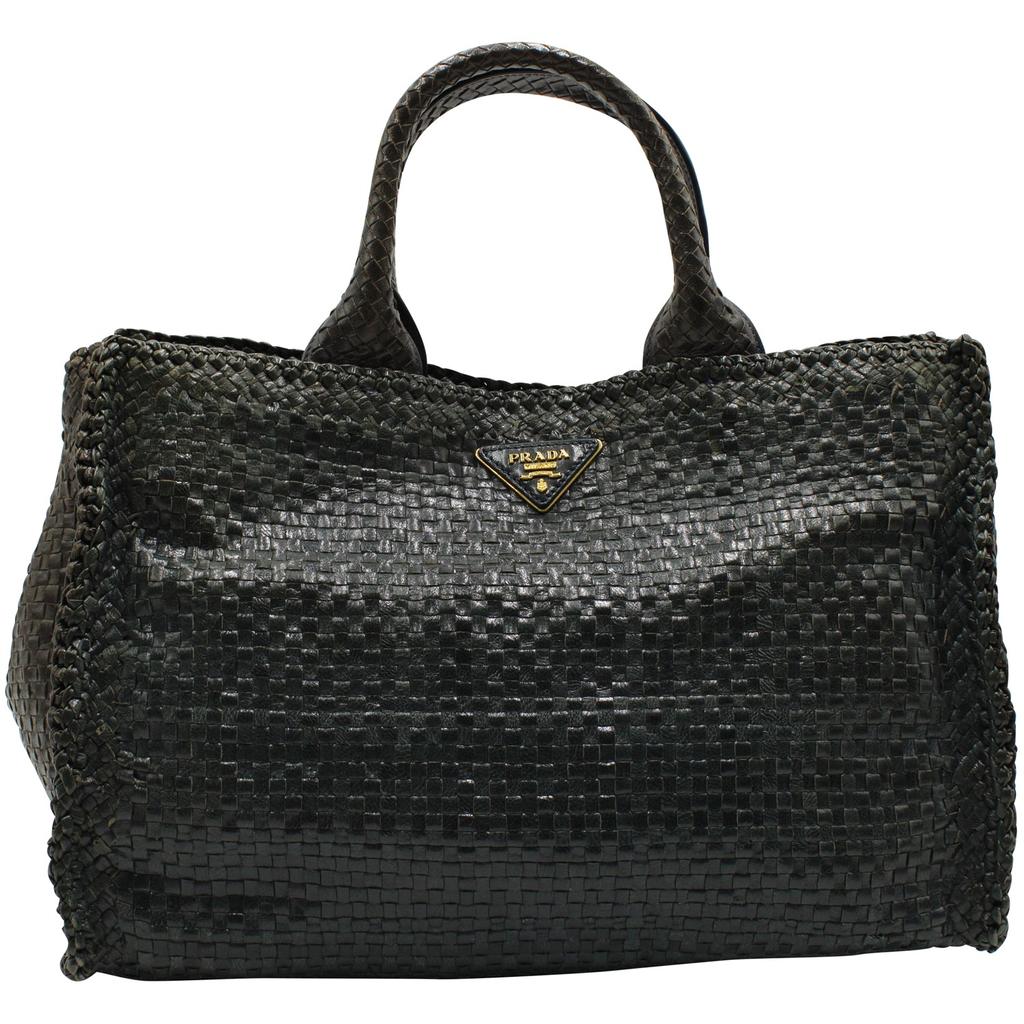 Prada Madras Woven Bag in Grey and Black Leather