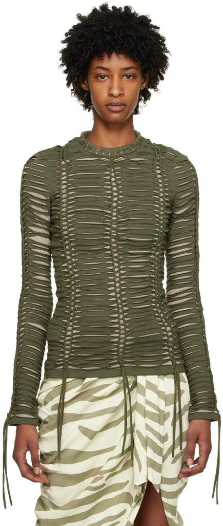 Balmain Khaki Knotted Long Sleeve T-Shirt 1