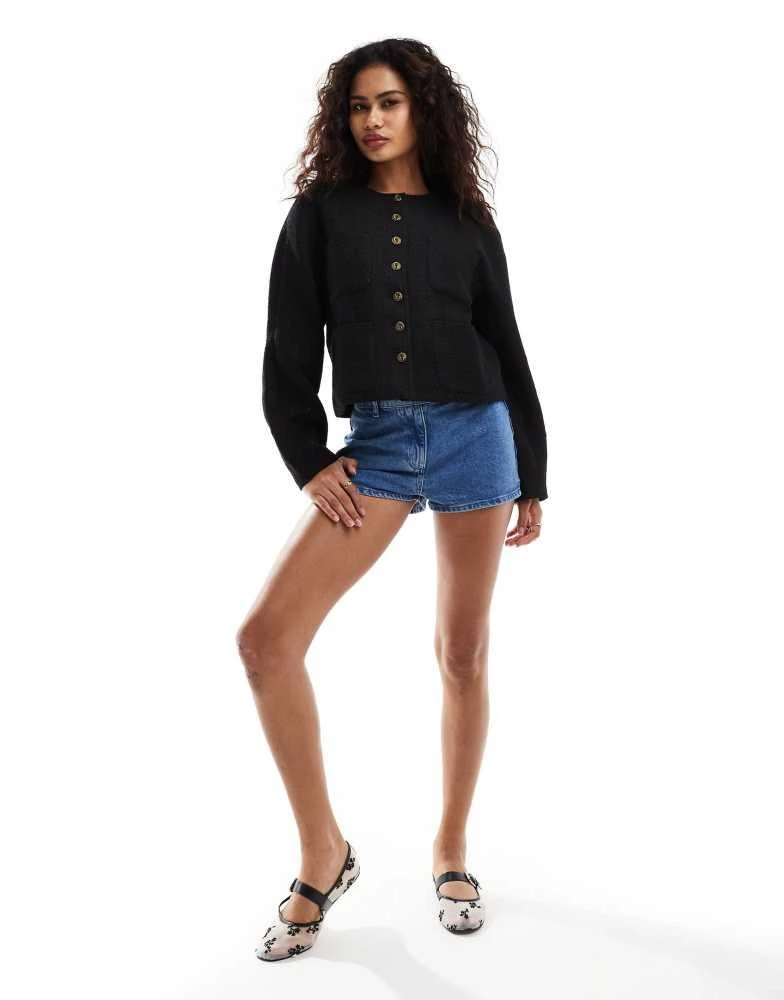 Moon River Moon River button front pocket detail textured cropped jacket in black 2
