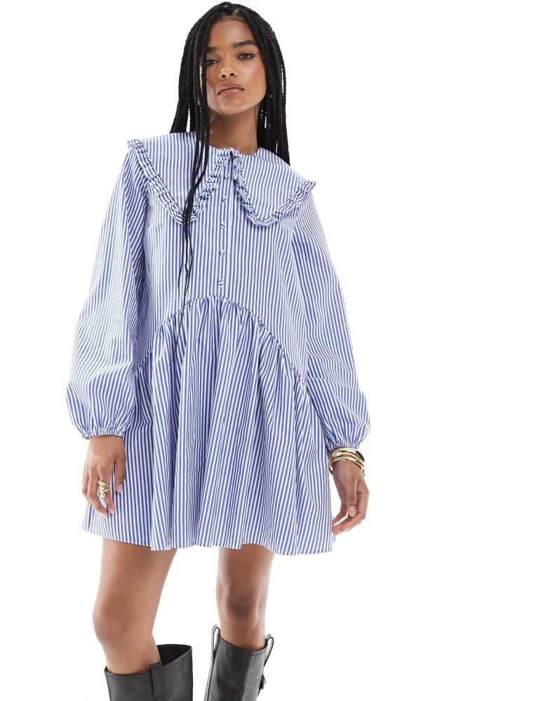 Miss Selfridge Miss Selfridge stripe oversized collar smock dress in blue stripe 2