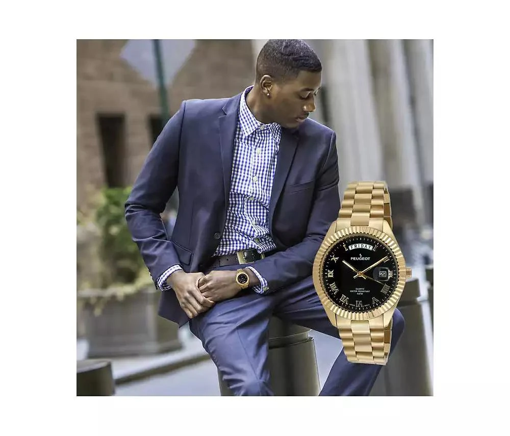 Peugeot Men's 40mm Black Face Fluted Bezel Gold Bracelet Watch 3