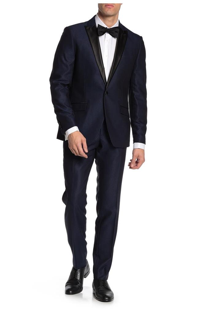 SAVILE ROW CO Slim Fit Navy Check Satin Lapel Tuxedo Suit