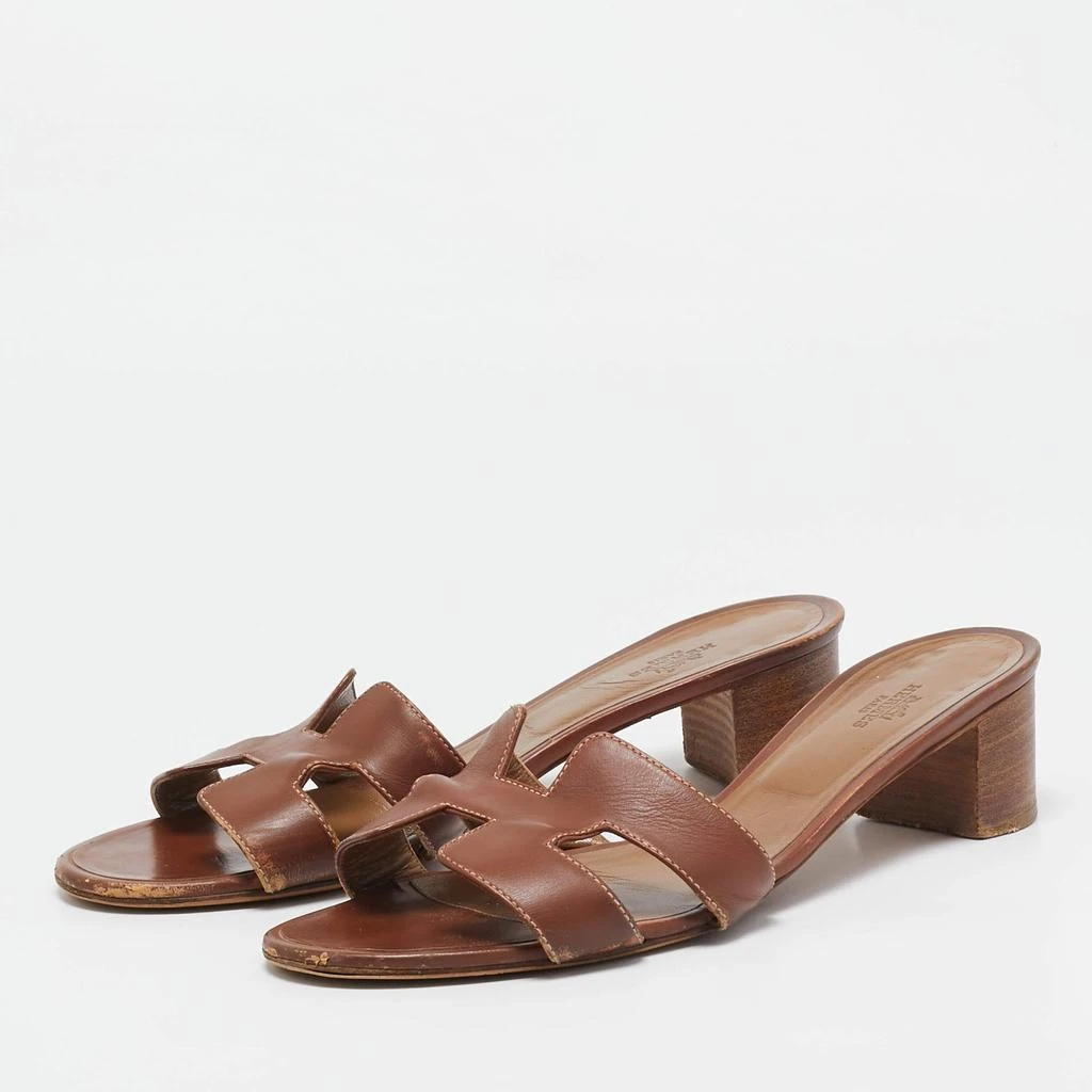 Hermes Hermes Brown Leather Oasis Block Heel Slide Sandals Size 41 2
