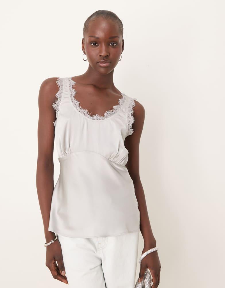 ASOS ASOS DESIGN satin bias cami with lace trim in silver
