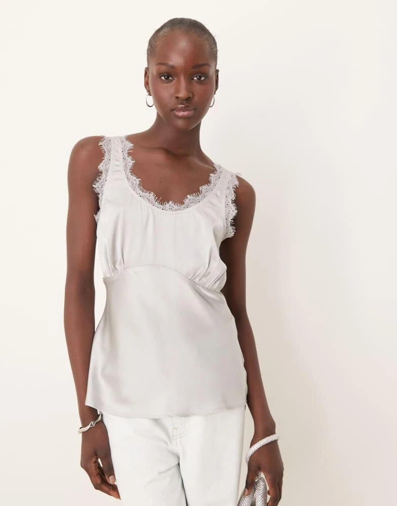 ASOS ASOS DESIGN satin bias cami with lace trim in silver 1